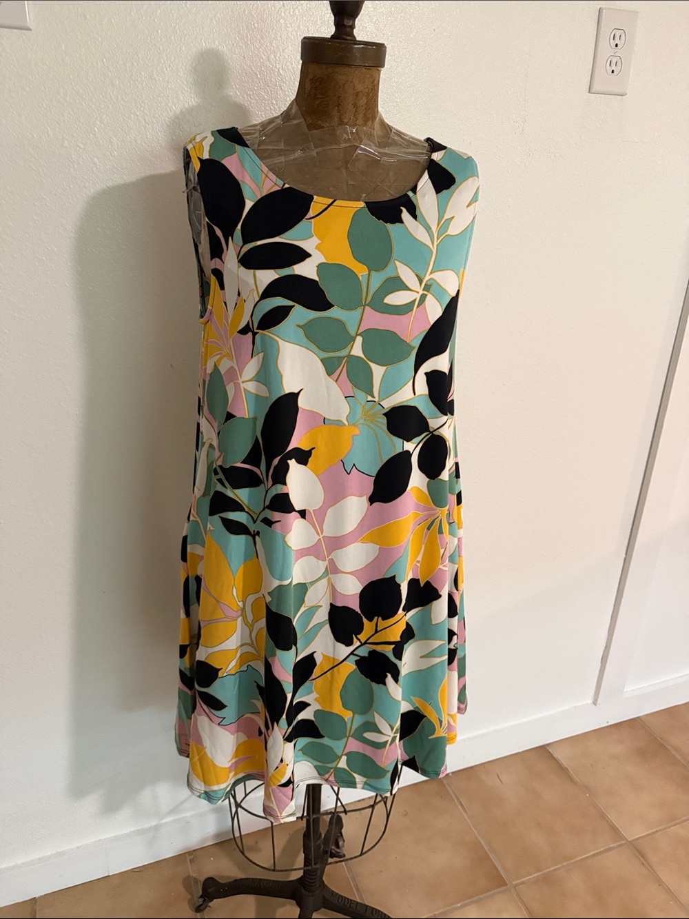 Nina Leonard Sleeveless Midi Dress in Black, Teal, Yellow & Pink